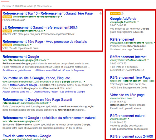 Résultats adwords dans Google